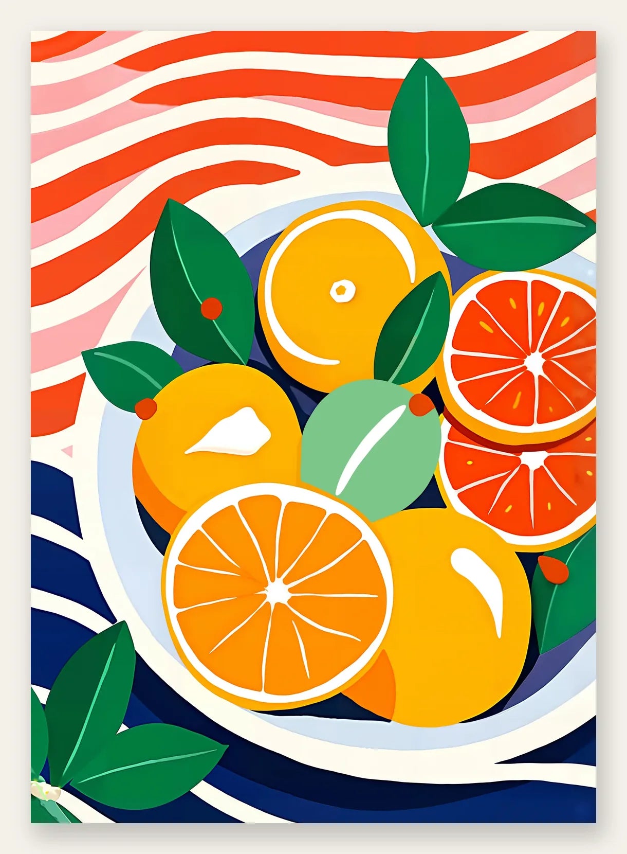 Affiche cuisine agrumes oranges fruit, bol d oranges et feuilles sur nappe rouge rayee