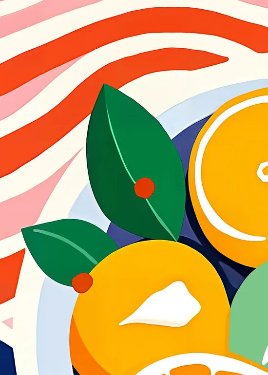 Gros plan sur le bol d'oranges coupees et les feuilles vertes
