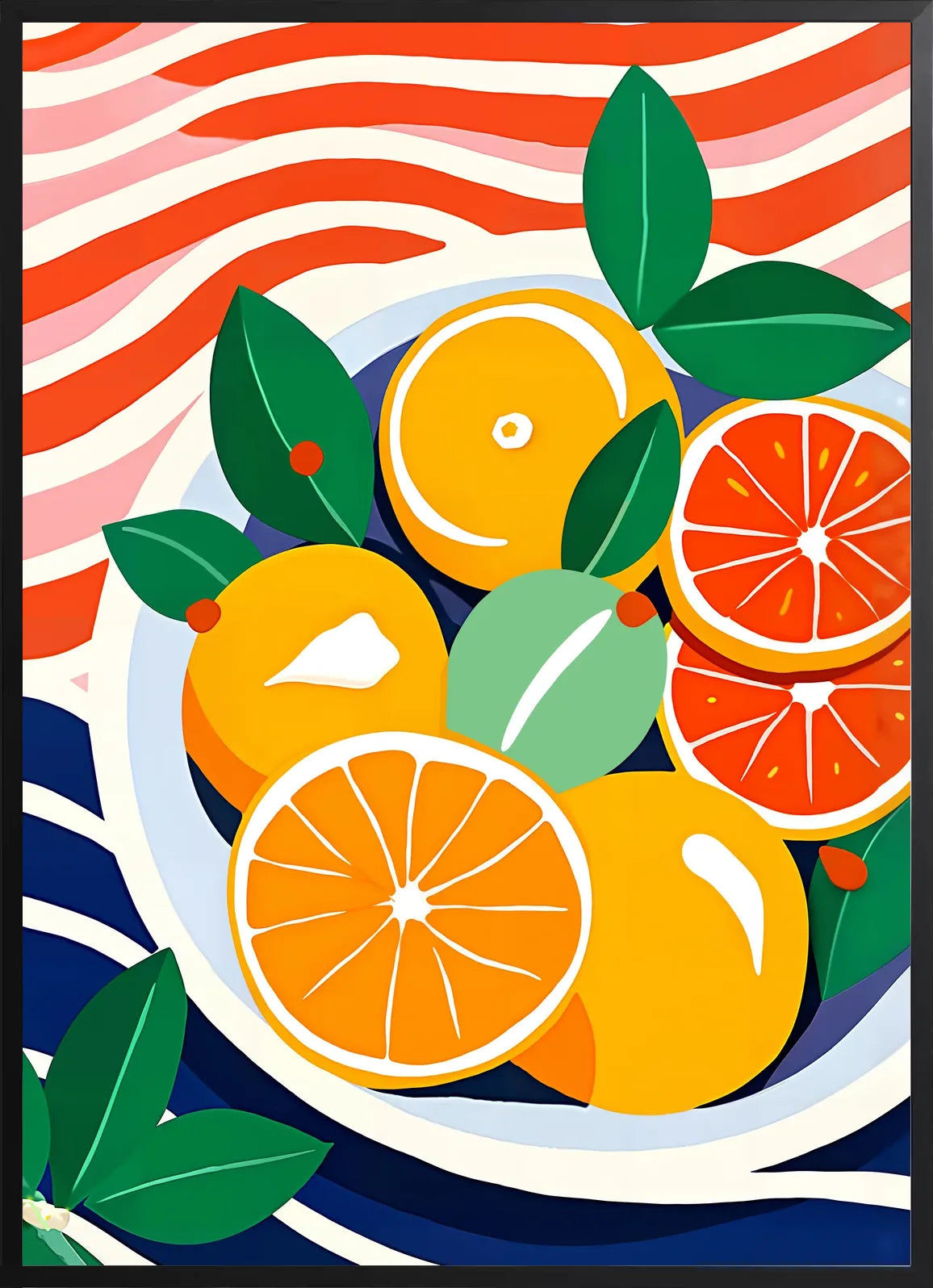 Encadrement noir mat autour du bol d'oranges et agrumes