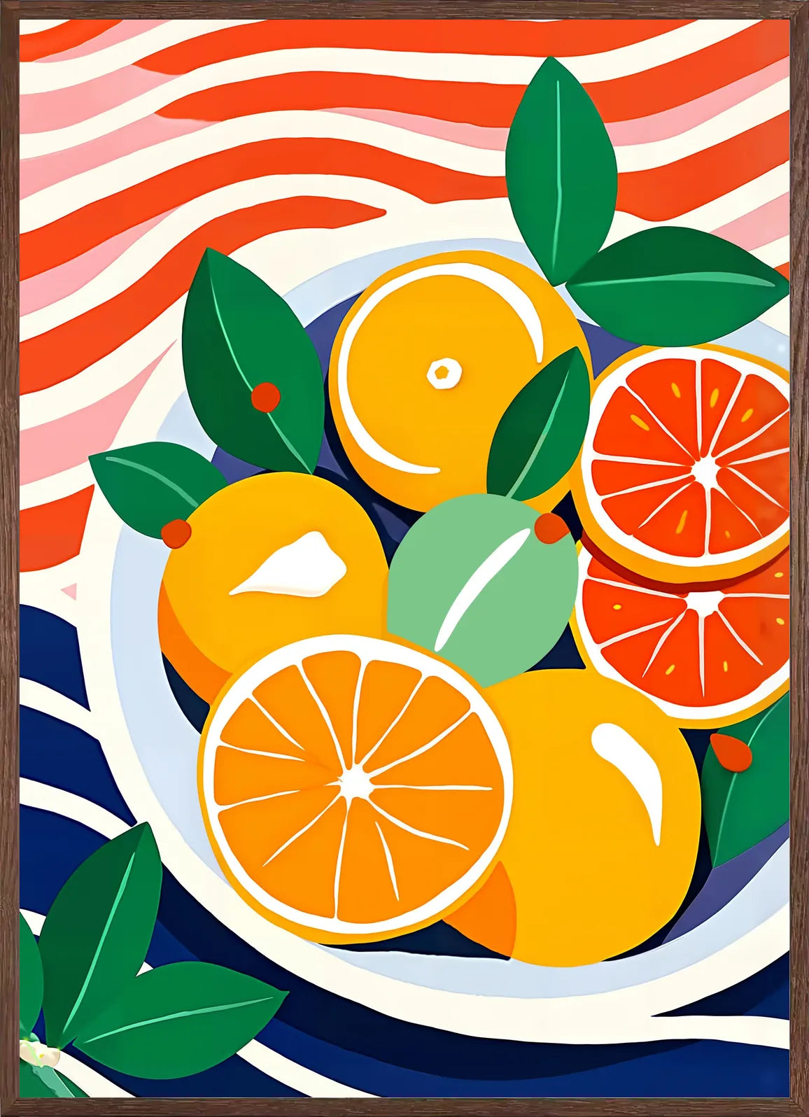 Cadre chene clair entourant l'affiche cuisine agrumes oranges colore