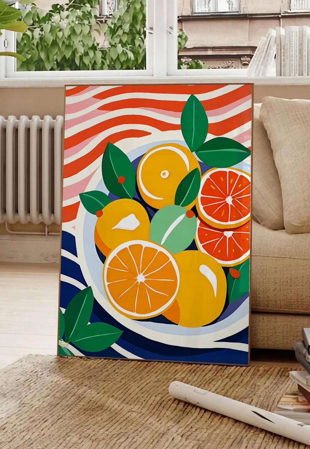 Poster affiche cuisine agrumes oranges fruit, posee au sol dans un salon parisien, devant une grande fenetre donnant sur un immeuble haussmannien, entre un ficus et un canape creme