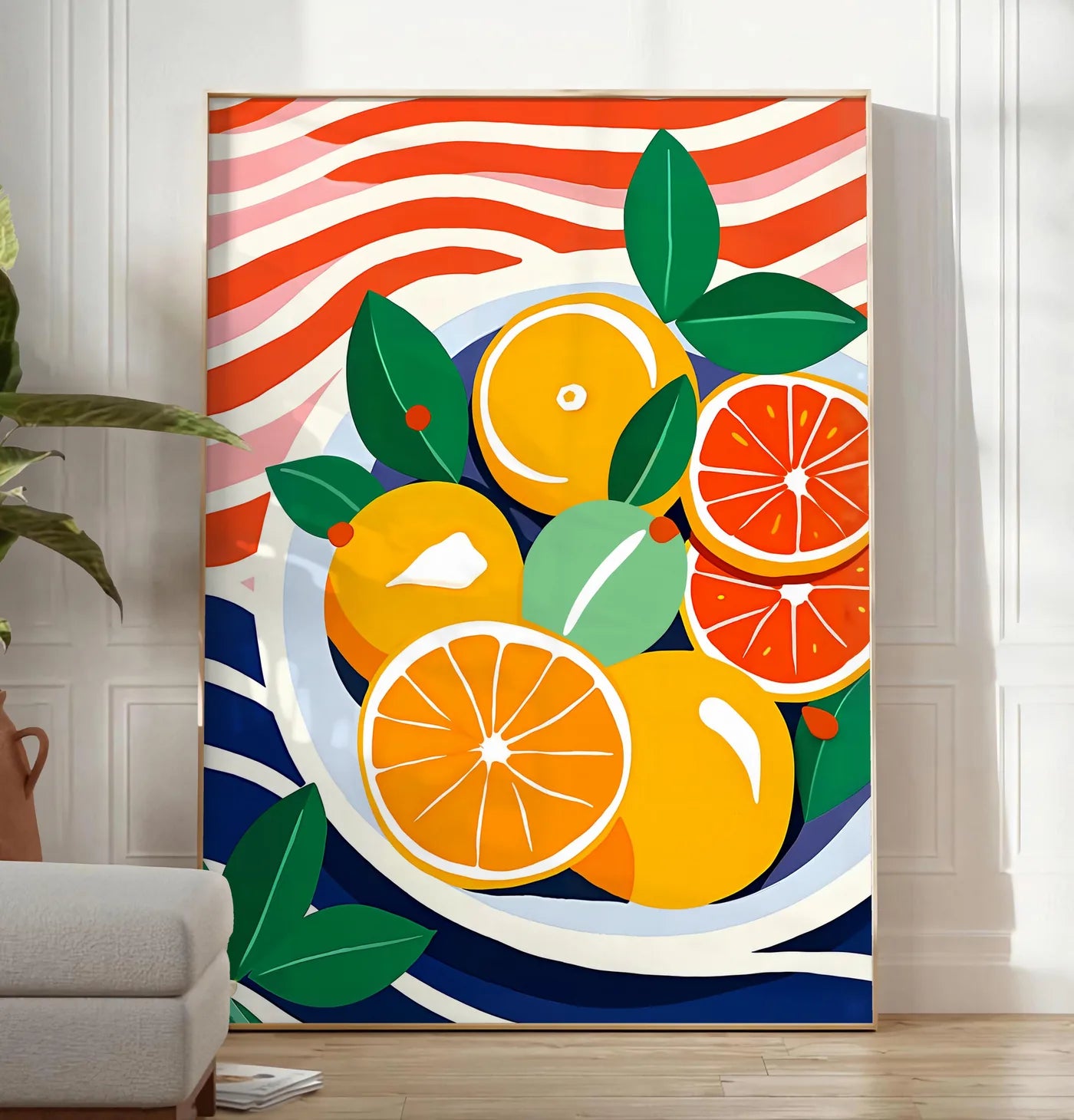 Reproduction affiche cuisine agrumes oranges fruit, posee au sol dans un salon minimaliste clair, a cote d'un canape beige et d'une plante verte, sur un parquet clair