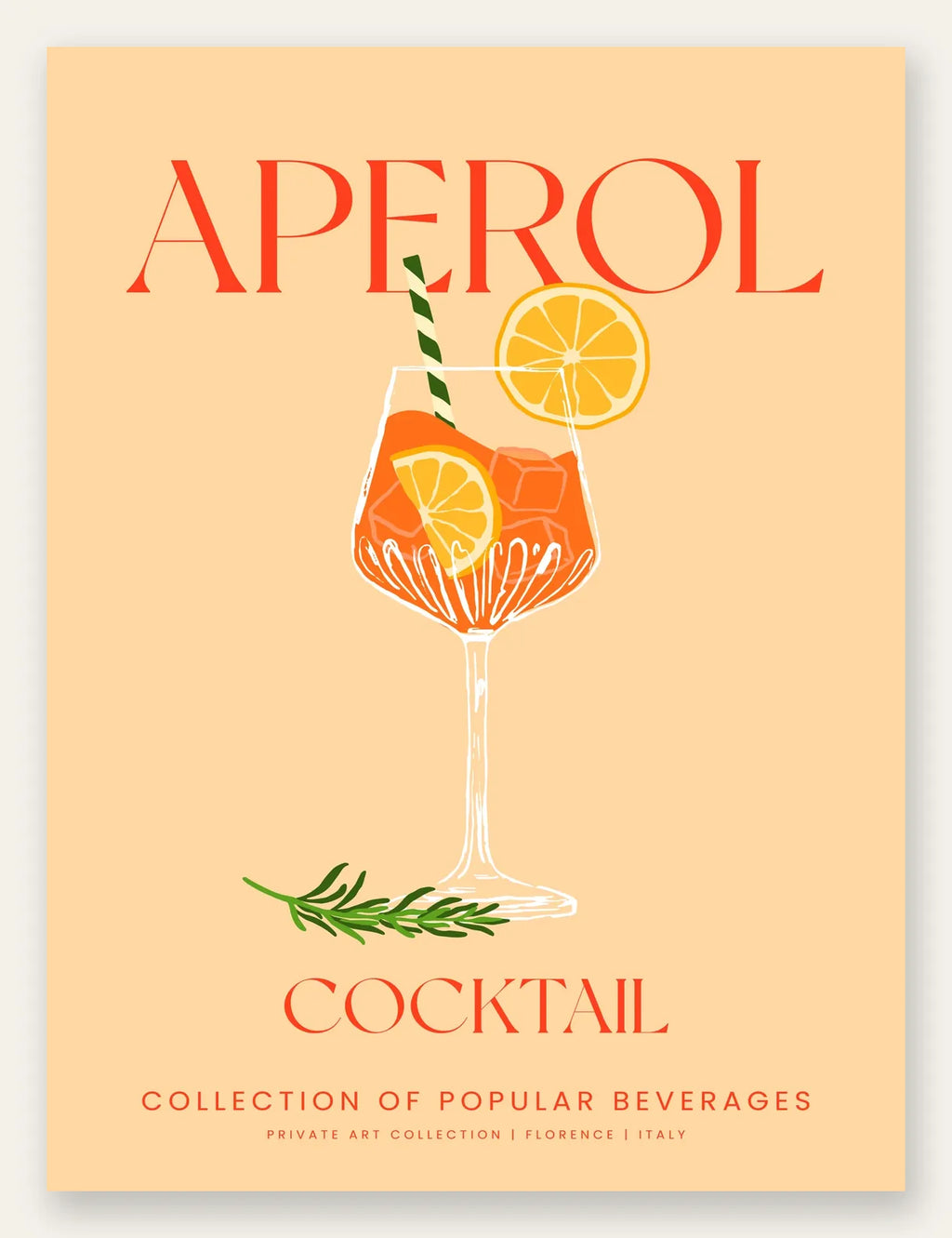 Affiche cocktail Aperol Spritz, verre a vin orange et romarin sur fond creme
