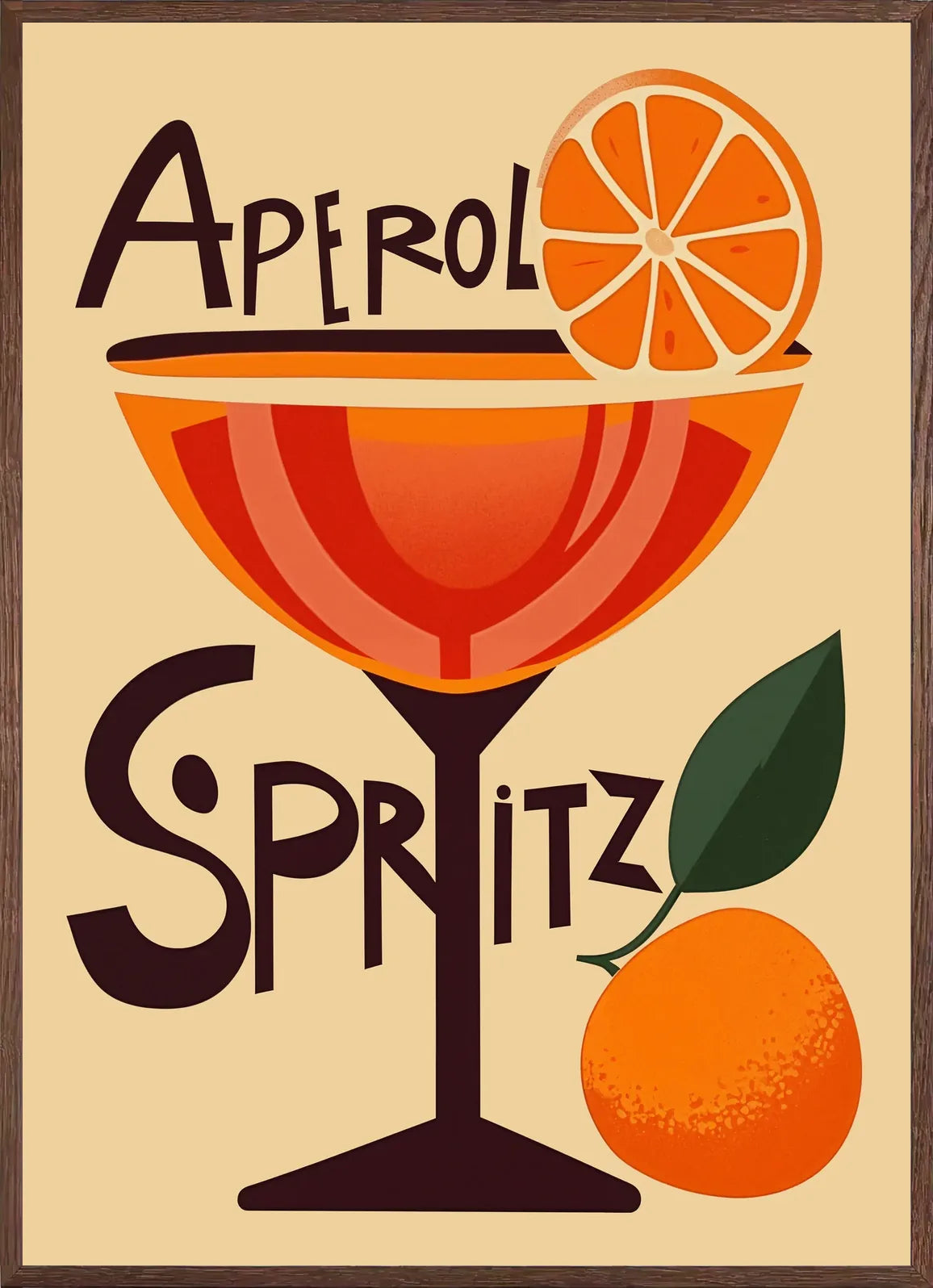 Cadre chene clair entourant l'affiche aperol spritz mid century