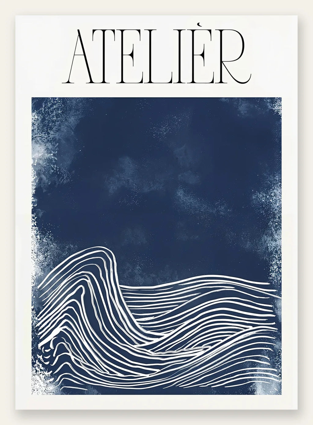 Affiche Atelier vagues minimaliste, lignes blanches de l'ocean sur fond bleu marine