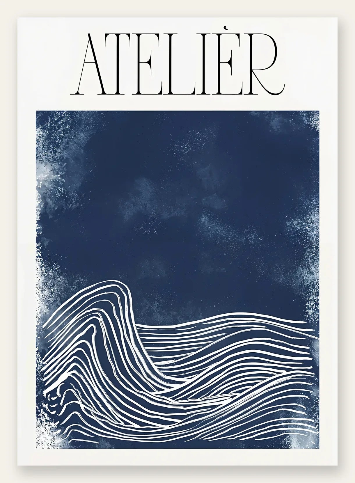 Affiche Atelier vagues minimaliste, lignes blanches de l'ocean sur fond bleu marine
