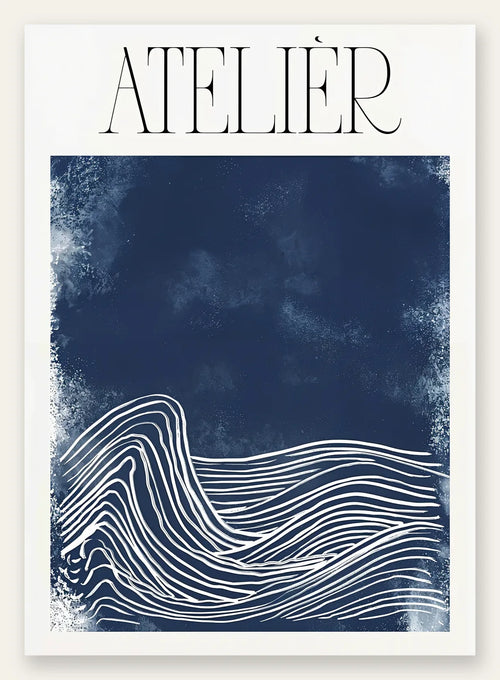 Affiche Atelier vagues minimaliste, lignes blanches de l'ocean sur fond bleu marine