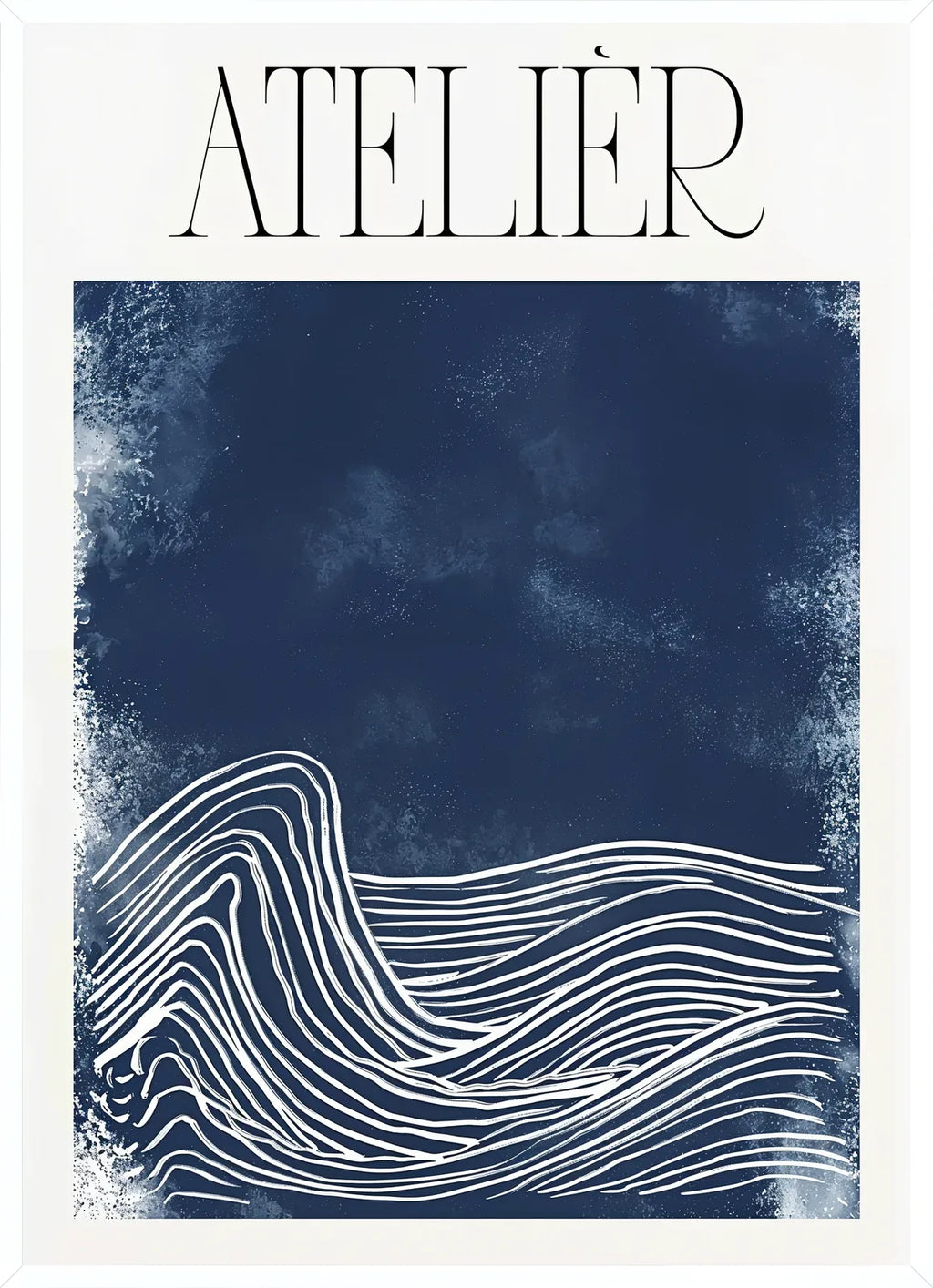 Cadre blanc epure presentant l'affiche Atelier vagues minimaliste