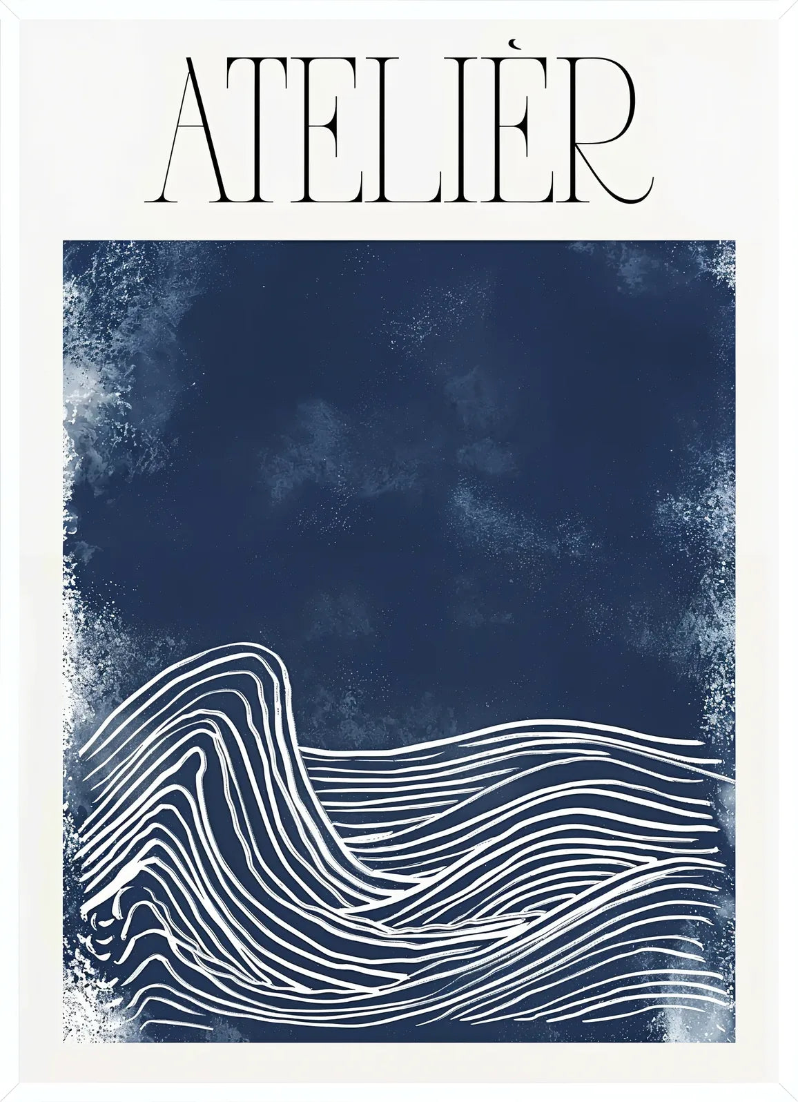 Cadre blanc epure presentant l'affiche Atelier vagues minimaliste