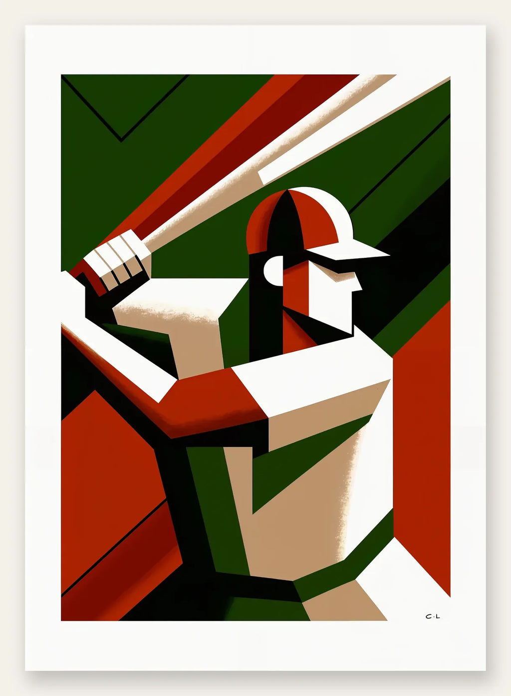 Joueur de baseball en position de frappe, batte levée, palette vert sapin et rouge brique