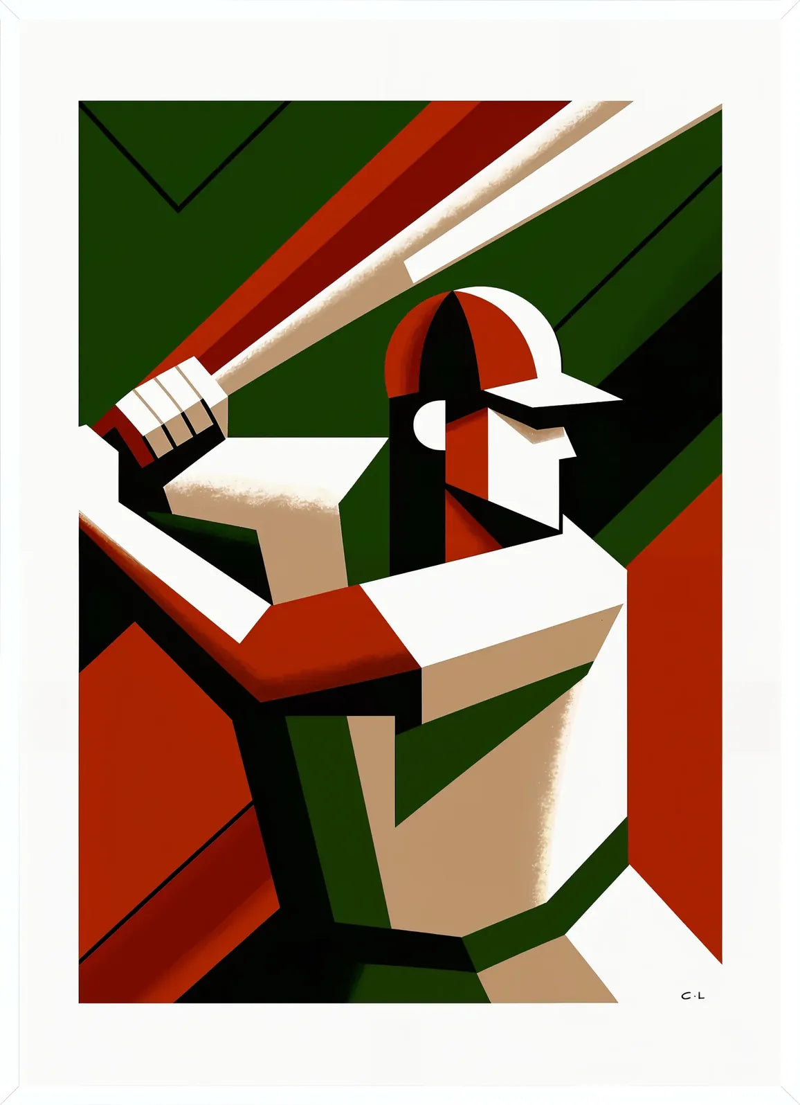 Casquette de baseball et batte stylisées en cadre blanc fin, contraste noir d'ivoire et rouge brique