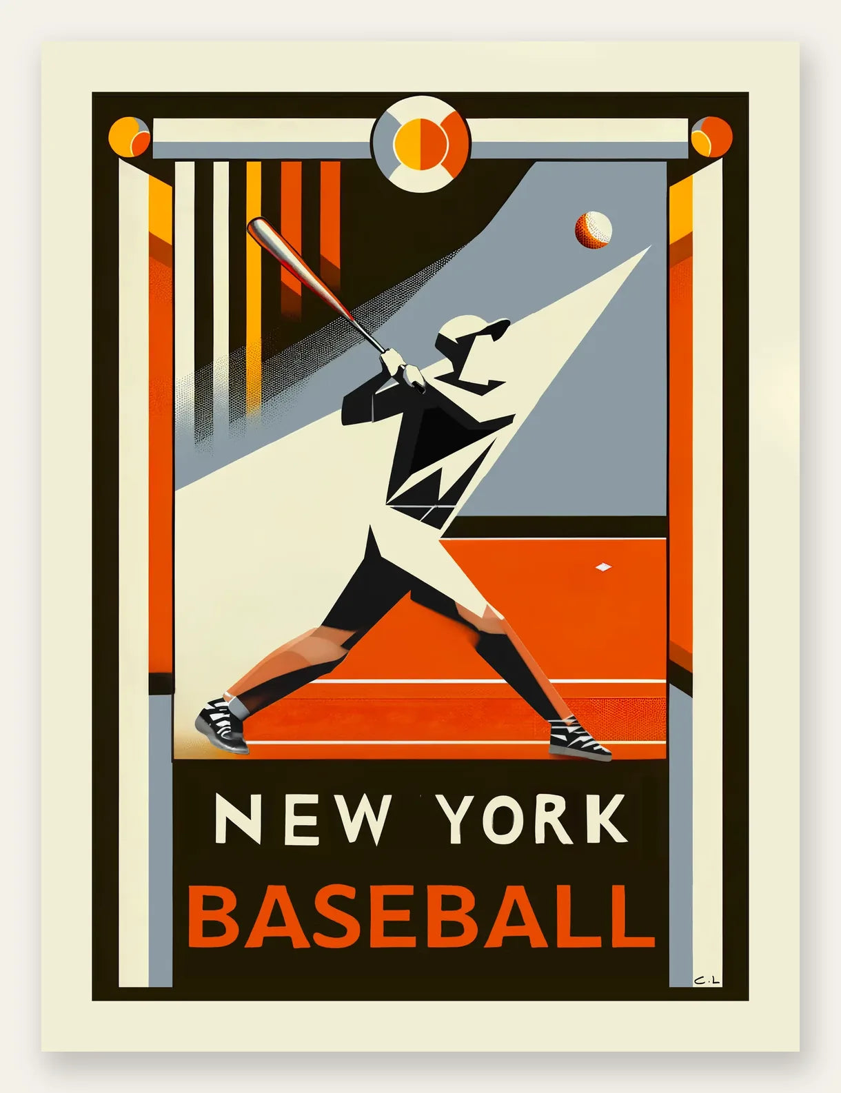 Affiche baseball New York, batteur en swing batte levee sous un projecteur