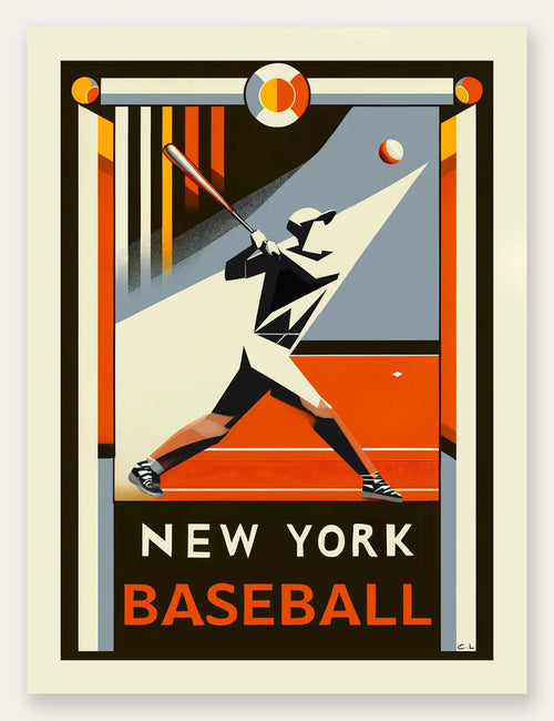 Affiche baseball New York, batteur en swing batte levee sous un projecteur
