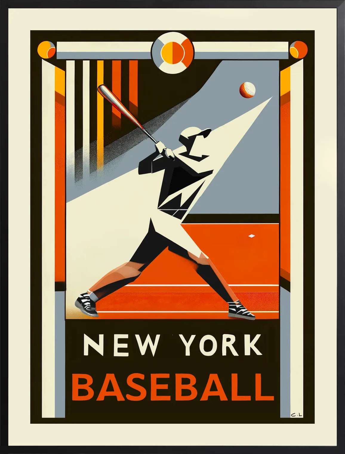 Encadrement noir mat autour du batteur de baseball et de la balle