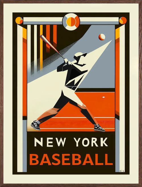 Cadre chene clair entourant l'affiche baseball New York batteur