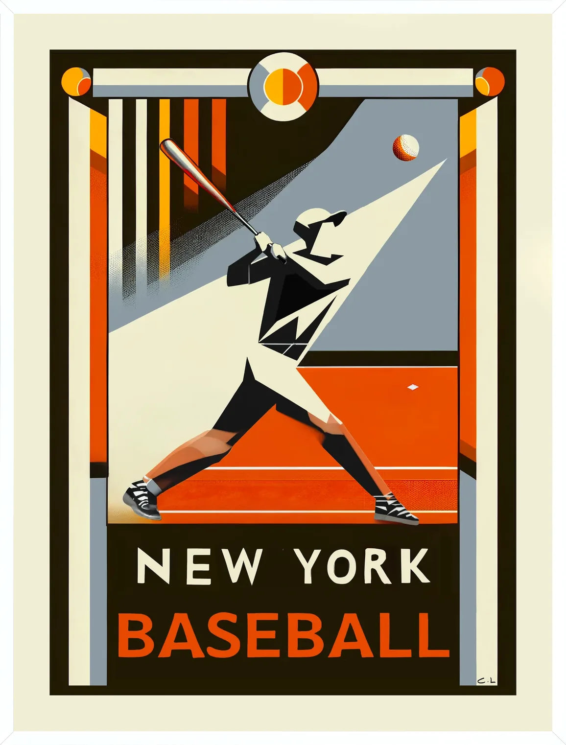 Cadre blanc epure presentant l'affiche baseball New York art deco