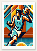 Joueur de basket silhouette, maillot 44 et bandes géométriques en bleu de cobalt, terracotta et ocre jaune
