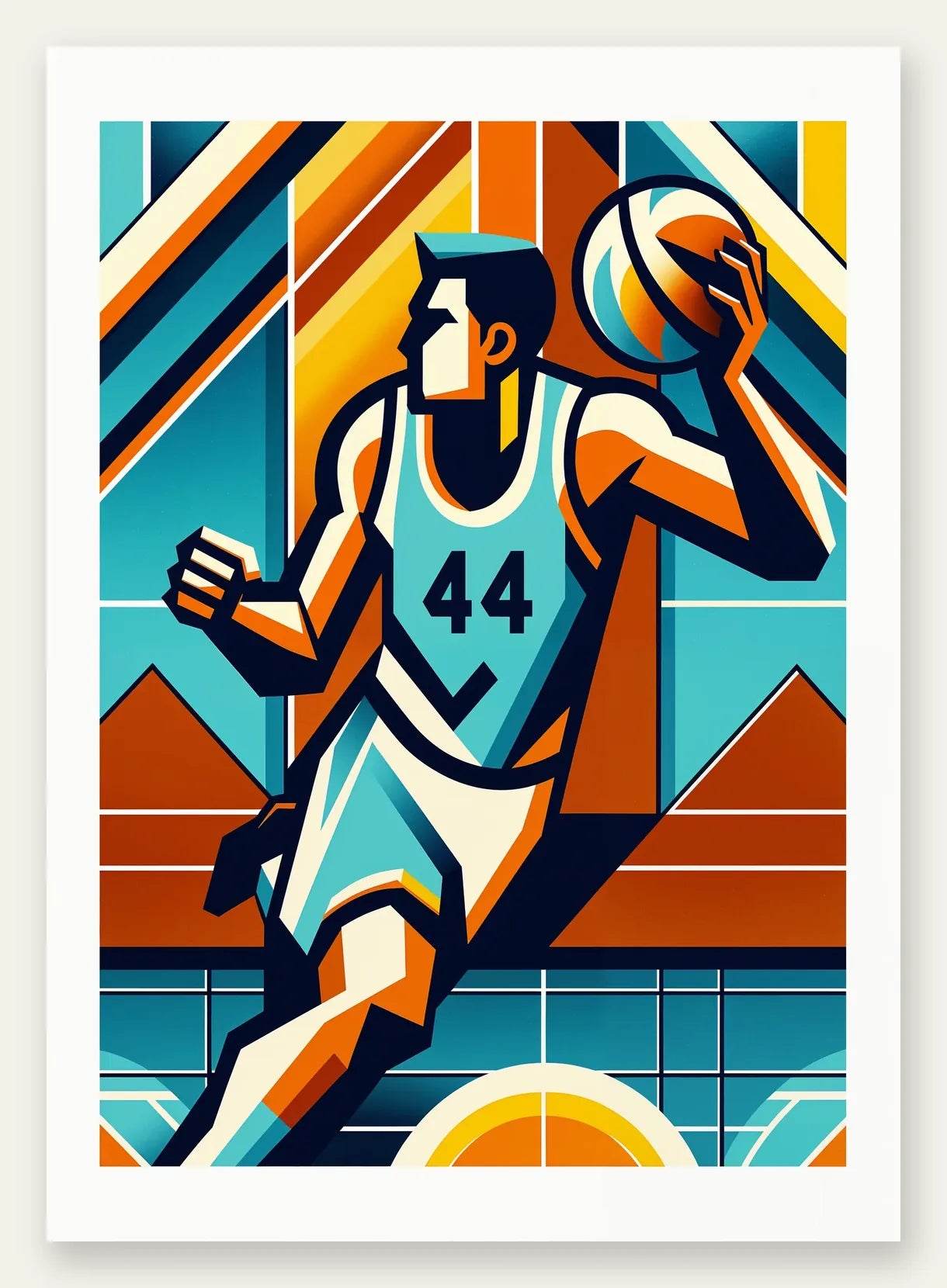 Joueur de basket silhouette, maillot 44 et bandes géométriques en bleu de cobalt, terracotta et ocre jaune