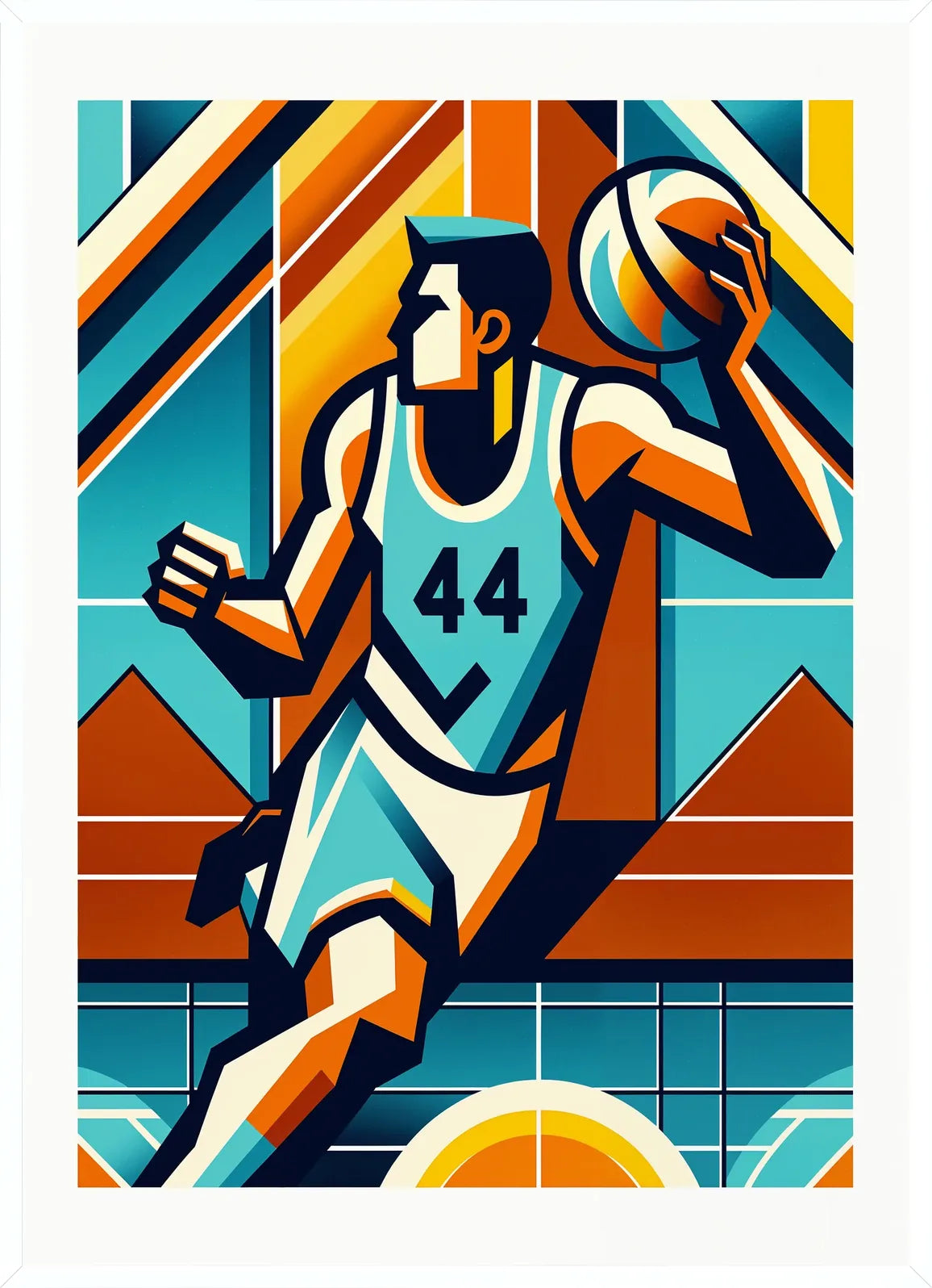 Minimaliste en cadre blanc fin, joueur de basket 44 posé sur fonds à aplats cobalt et terracotta
