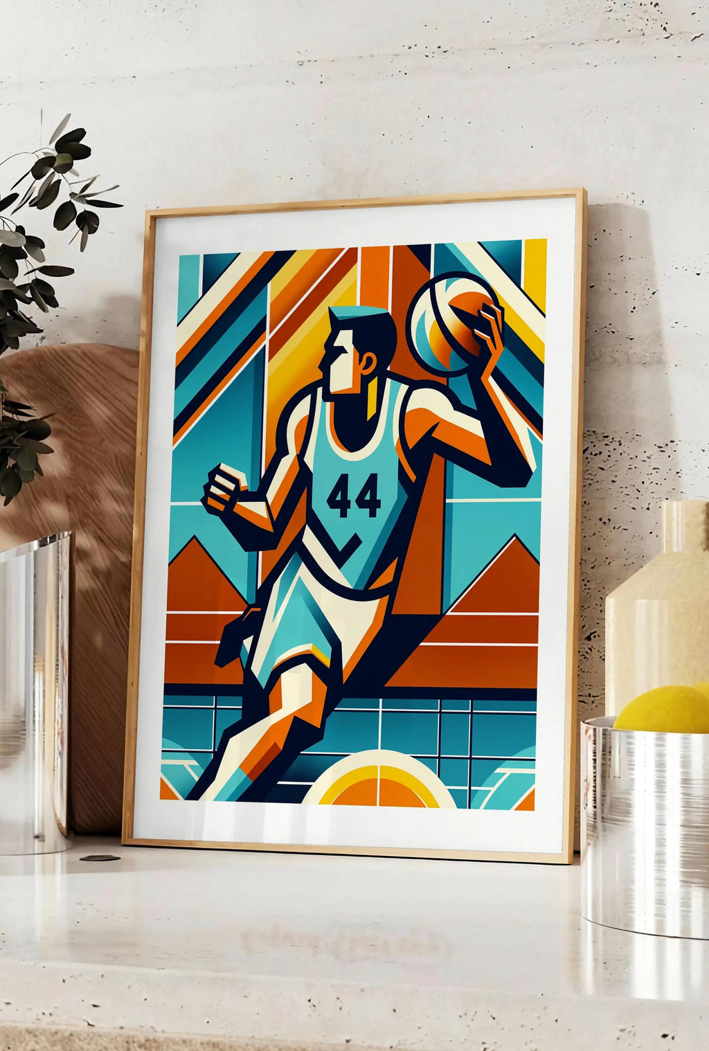 Affiche joueur de basket silhouette, posee sur un plan de travail de cuisine en pierre claire, entre une branche d'eucalyptus en vase et un bocal de citrons