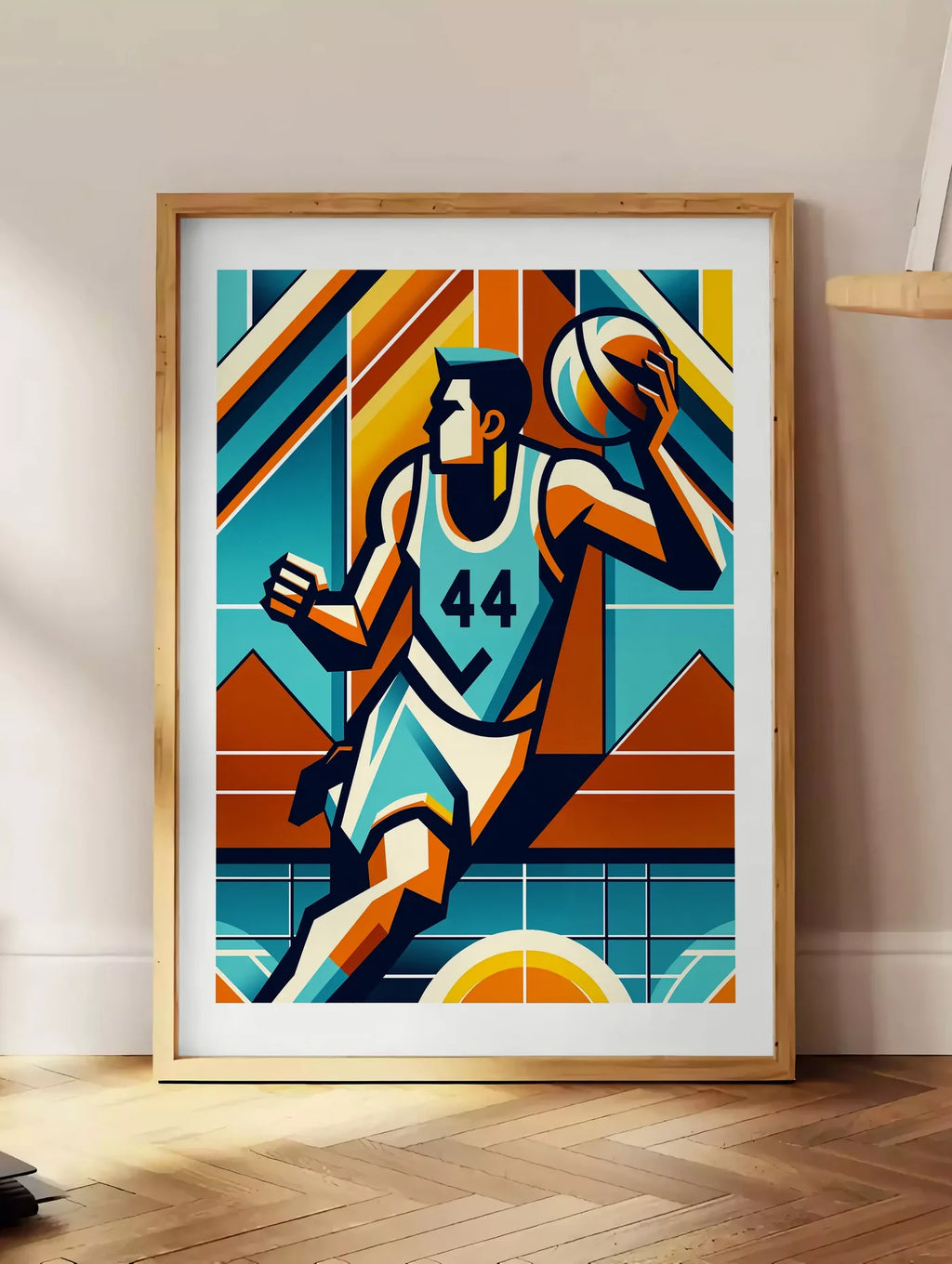 Estampe joueur de basket silhouette, posee au sol dans un coin salon, sur un parquet a chevrons, pres d'une table d'appoint en chene chargee de livres