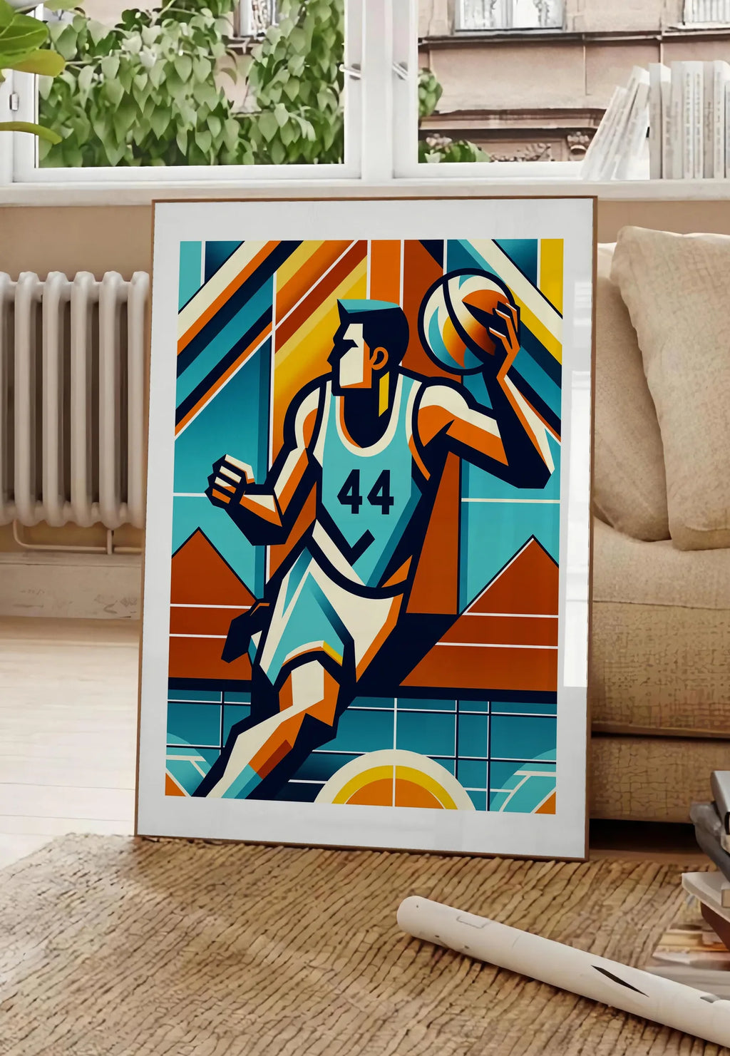 Poster joueur de basket silhouette, posee au sol dans un salon parisien, devant une grande fenetre donnant sur un immeuble haussmannien, entre un ficus et un canape creme