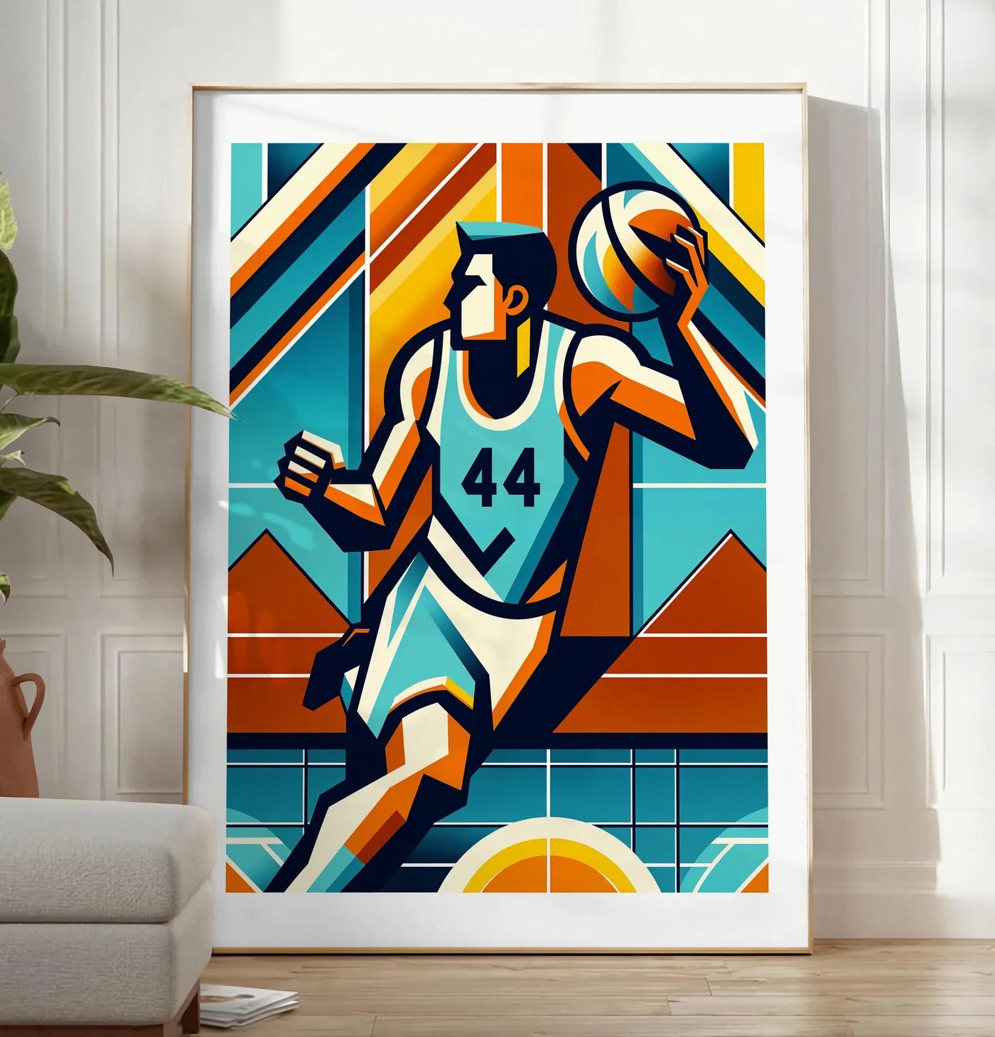 Reproduction joueur de basket silhouette, posee au sol dans un salon minimaliste clair, a cote d'un canape beige et d'une plante verte, sur un parquet clair