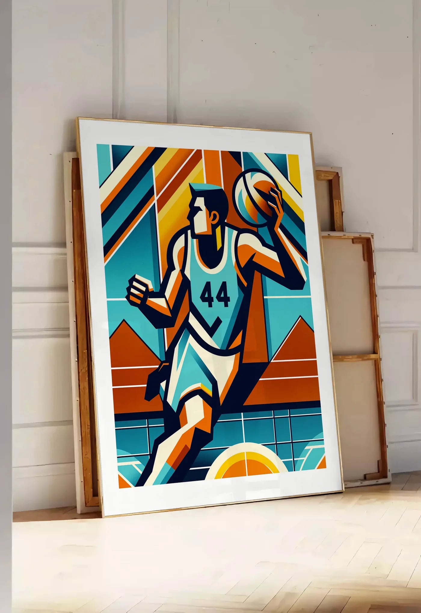 Tirage encadrable joueur de basket silhouette, posee au sol dans une entree lumineuse, contre un mur a panneaux blancs, a cote de chassis en bois empiles