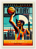 Silhouette de joueur de basket stylisé, ballon levé devant la skyline de New York et la Statue de la Liberté, palette ocre jaune, vermillon et bleu de cobalt