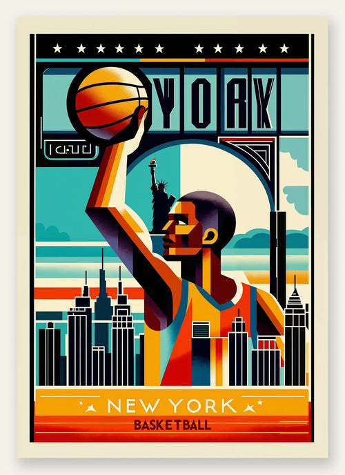 Silhouette de joueur de basket stylisé, ballon levé devant la skyline de New York et la Statue de la Liberté, palette ocre jaune, vermillon et bleu de cobalt