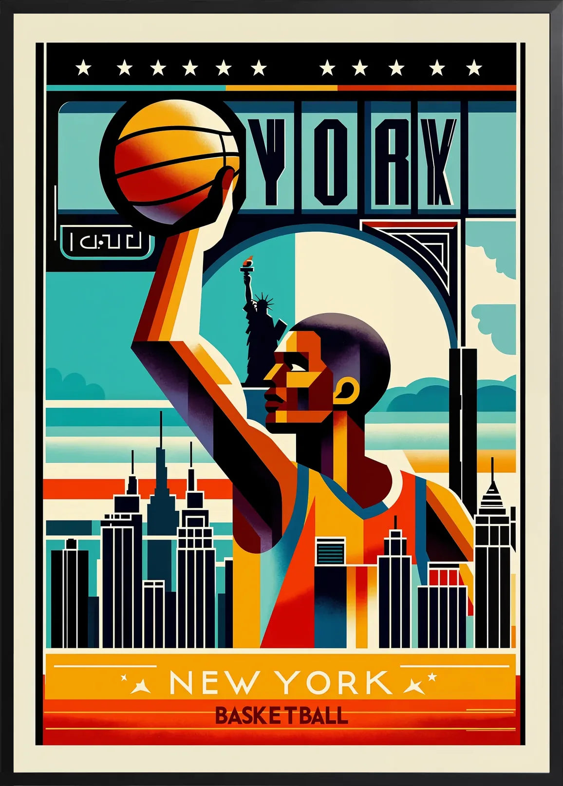 Présenté en cadre noir, joueur de basket stylisé face à la Statue de la Liberté, typographie art déco en haut