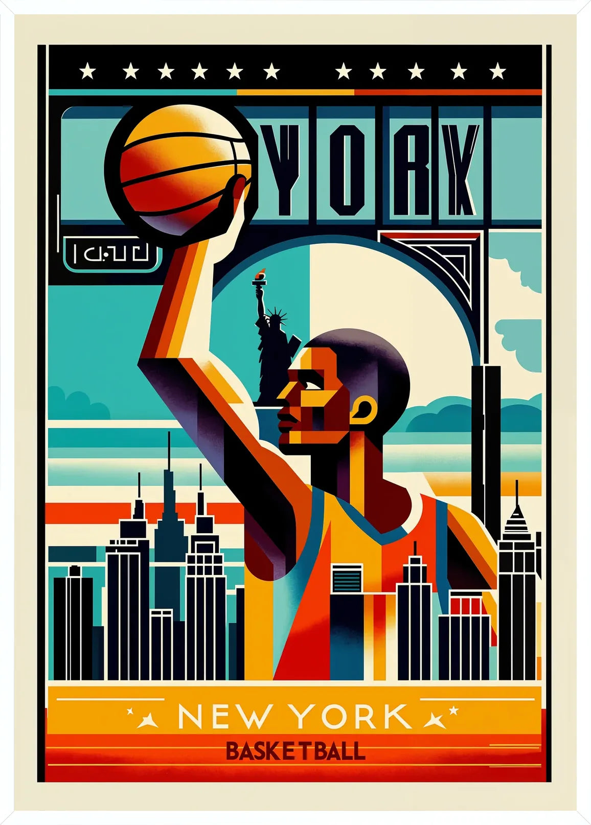Monté en cadre blanc fin, joueur de basket stylisé et skyline de New York, contraste ocre et cobalt