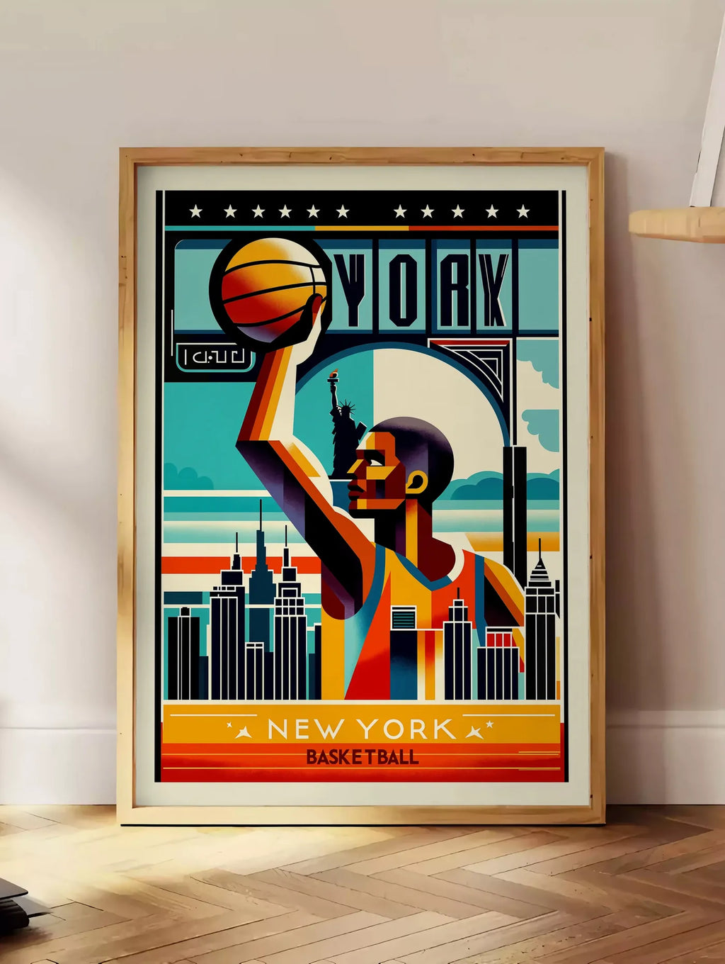 Estampe silhouette de joueur de basket stylisé, posee au sol dans un coin salon, sur un parquet a chevrons, pres d'une table d'appoint en chene chargee de livres