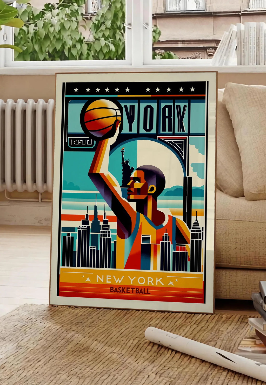 Poster silhouette de joueur de basket stylisé, posee au sol dans un salon parisien, devant une grande fenetre donnant sur un immeuble haussmannien, entre un ficus et un canape creme