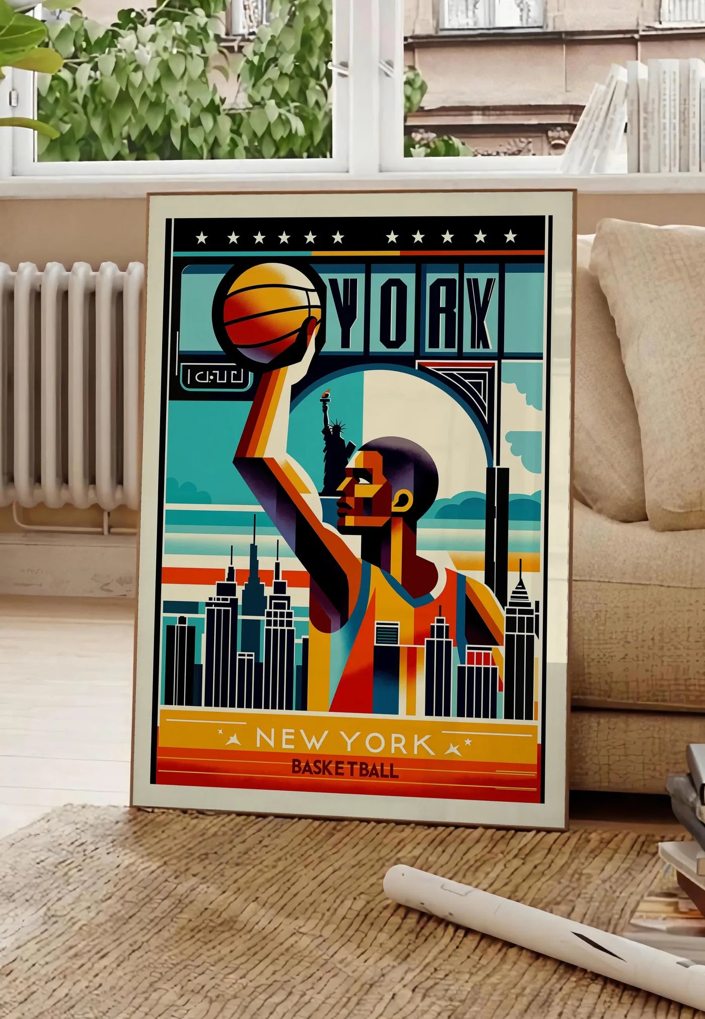 Poster silhouette de joueur de basket stylisé, posee au sol dans un salon parisien, devant une grande fenetre donnant sur un immeuble haussmannien, entre un ficus et un canape creme