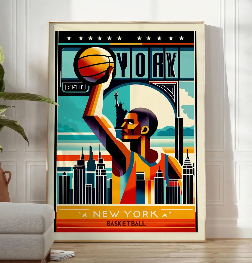 Reproduction silhouette de joueur de basket stylisé, posee au sol dans un salon minimaliste clair, a cote d'un canape beige et d'une plante verte, sur un parquet clair