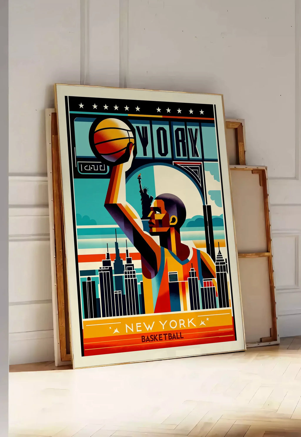 Tirage encadrable silhouette de joueur de basket stylisé, posee au sol dans une entree lumineuse, contre un mur a panneaux blancs, a cote de chassis en bois empiles