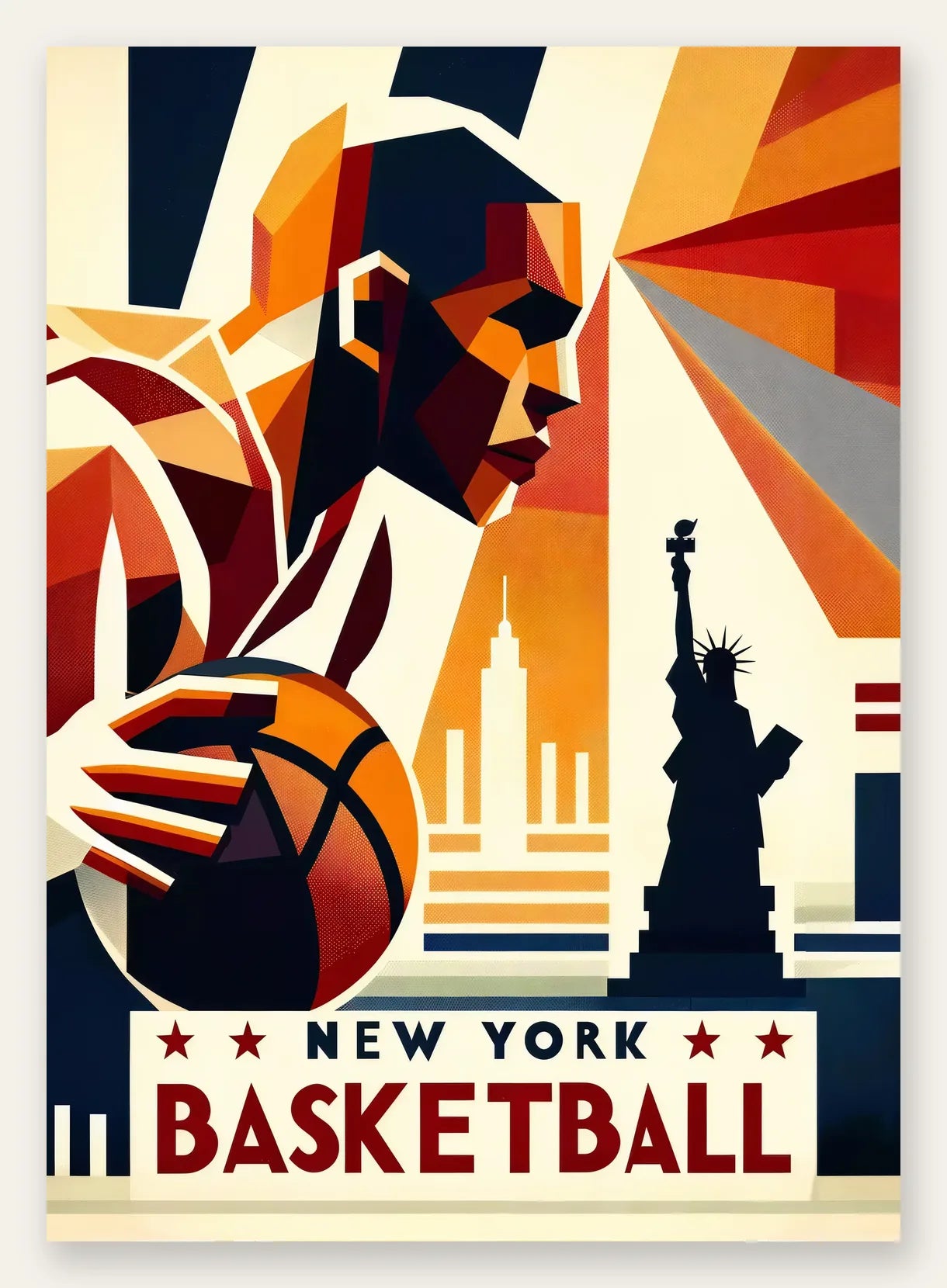 Profil du joueur de basketball stylisé, palette vermillon, ocre jaune et noir d'ivoire