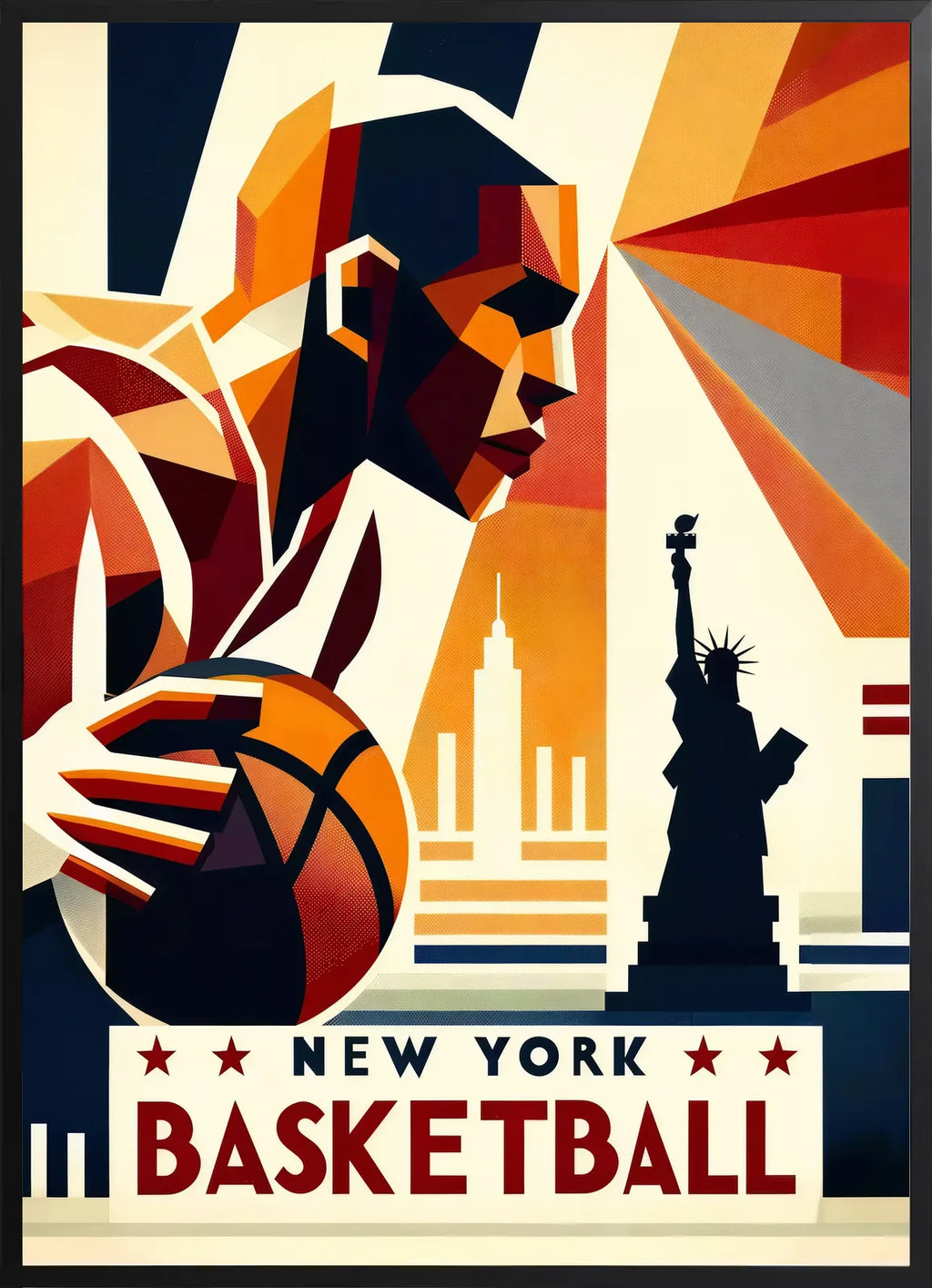 Joueur de basketball stylisé en cadre noir mat, contraste avec la typographie uppercase NEW YORK BASKETBALL