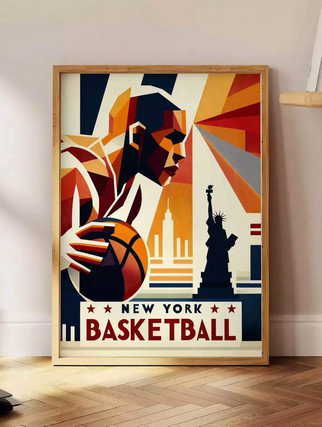 Estampe profil du joueur de basketball stylisé, posee au sol dans un coin salon, sur un parquet a chevrons, pres d'une table d'appoint en chene chargee de livres