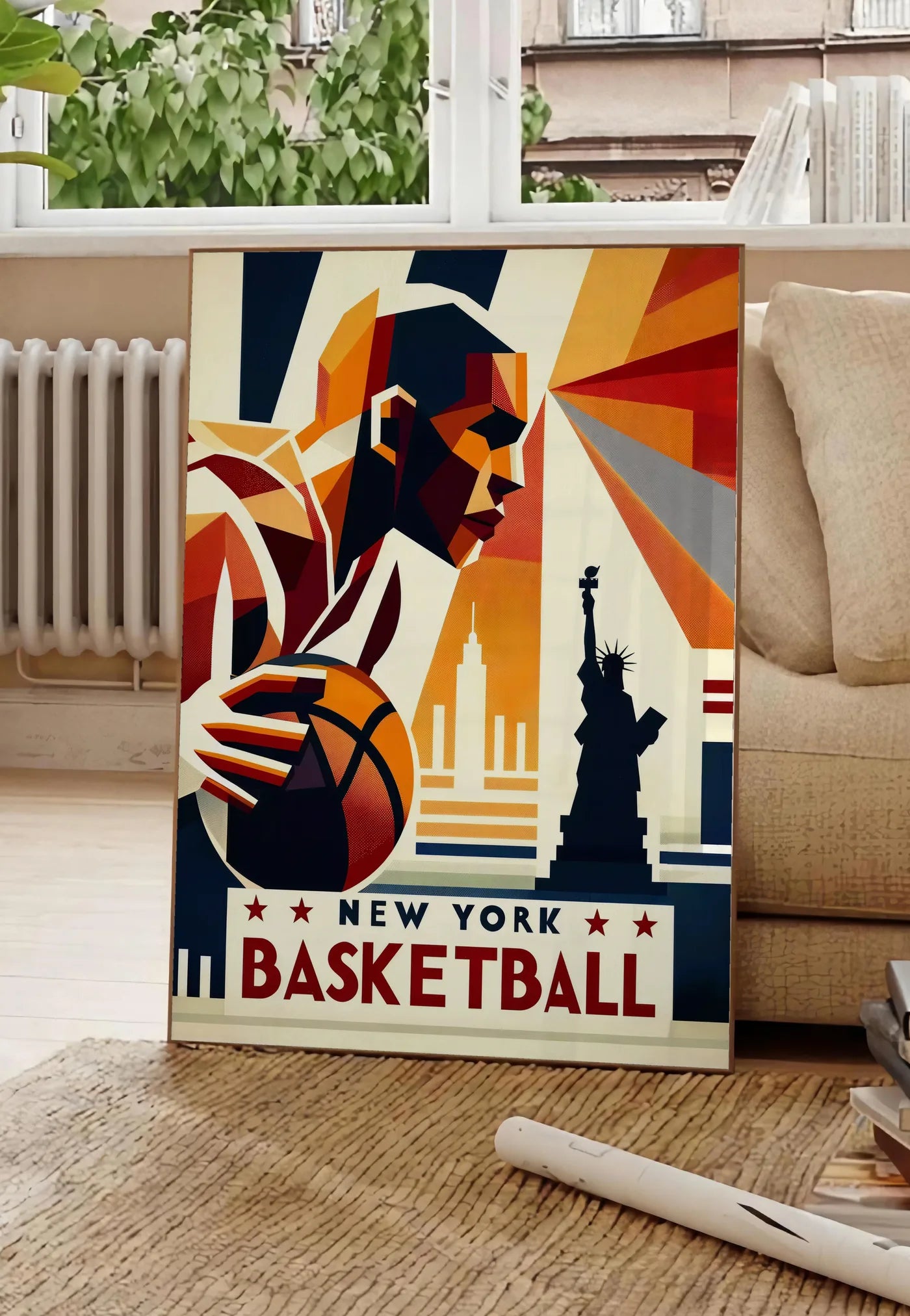 Poster profil du joueur de basketball stylisé, posee au sol dans un salon parisien, devant une grande fenetre donnant sur un immeuble haussmannien, entre un ficus et un canape creme