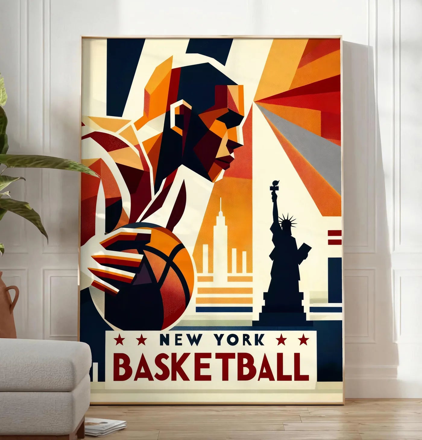 Reproduction profil du joueur de basketball stylisé, posee au sol dans un salon minimaliste clair, a cote d'un canape beige et d'une plante verte, sur un parquet clair