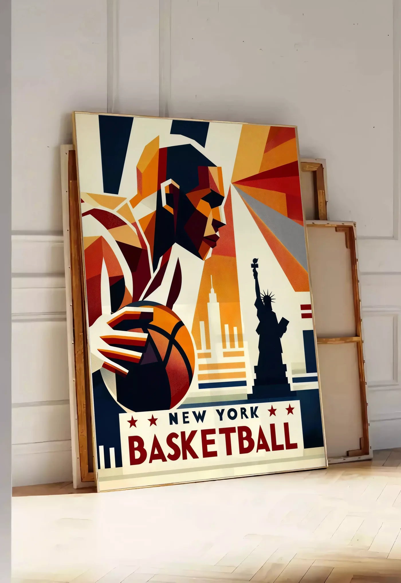 Tirage encadrable profil du joueur de basketball stylisé, posee au sol dans une entree lumineuse, contre un mur a panneaux blancs, a cote de chassis en bois empiles