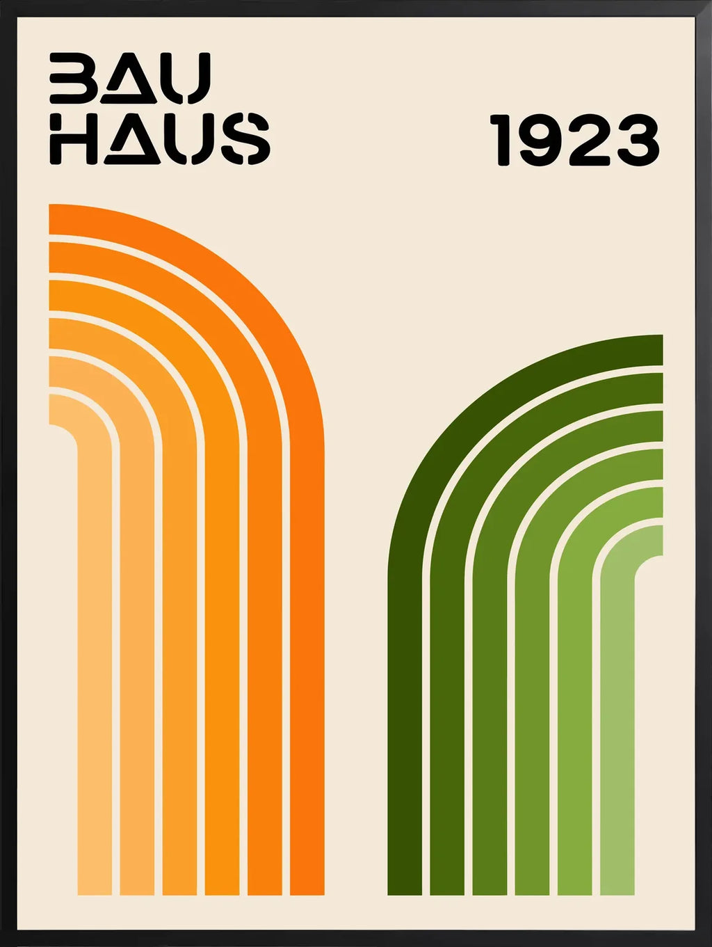 Encadrement noir mat autour de l'affiche Bauhaus arches orange et vert