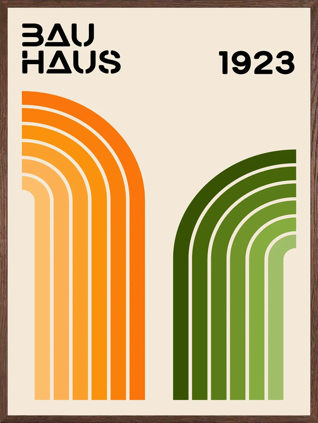 Cadre chene clair entourant l'affiche Bauhaus arches orange et vert