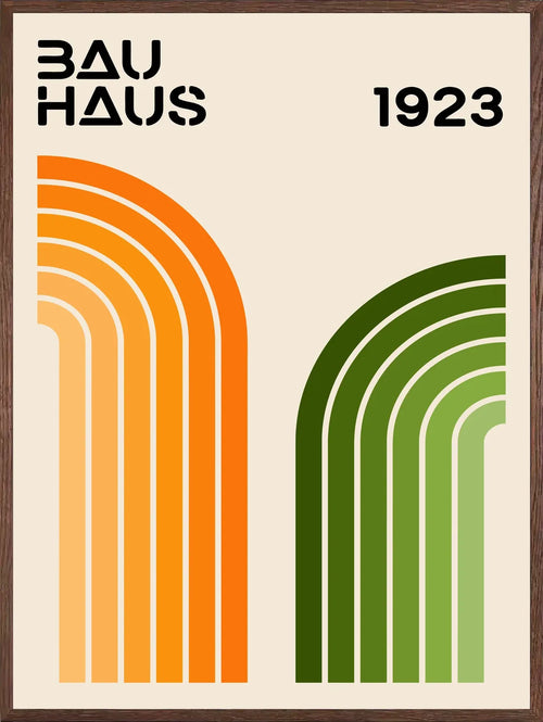 Cadre chene clair entourant l'affiche Bauhaus arches orange et vert