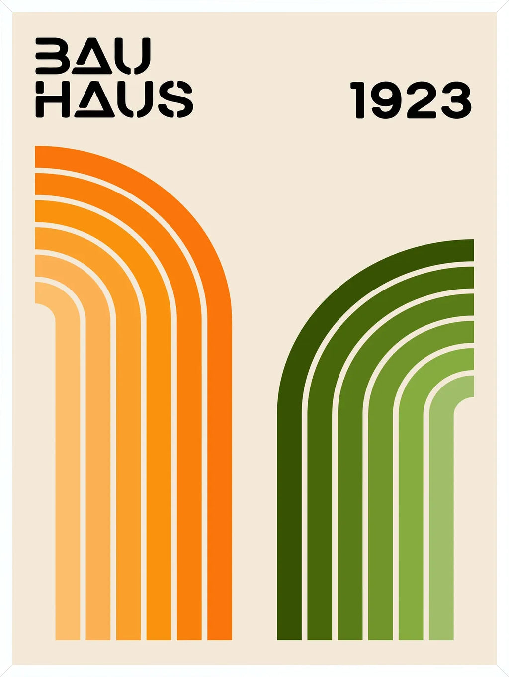 Cadre blanc epure presentant l'affiche Bauhaus arches orange et vert