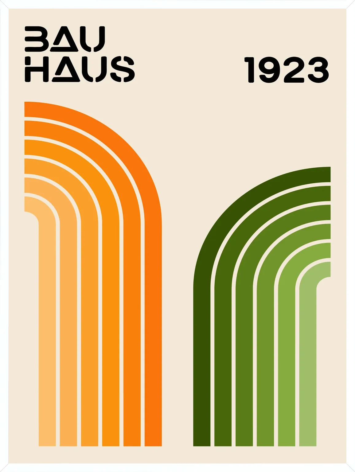 Cadre blanc epure presentant l'affiche Bauhaus arches orange et vert