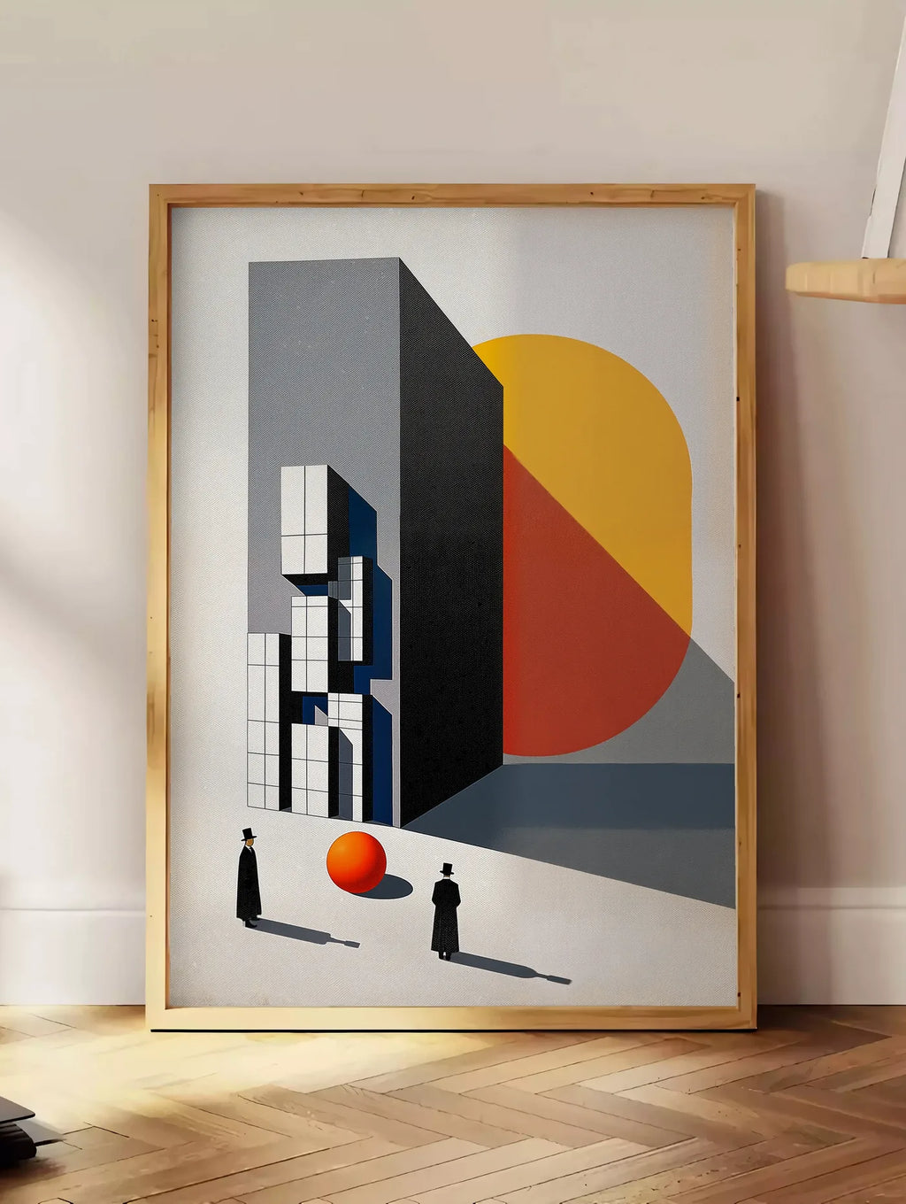 Estampe architecture et Spheres, posee au sol dans un coin salon, sur un parquet a chevrons, pres d'une table d'appoint en chene chargee de livres