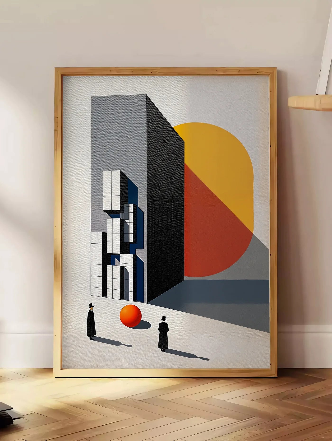 Estampe architecture et Spheres, posee au sol dans un coin salon, sur un parquet a chevrons, pres d'une table d'appoint en chene chargee de livres